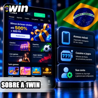 Visão geral móvel da 1win em tablet com símbolos de acesso, jogos e recursos da conta.