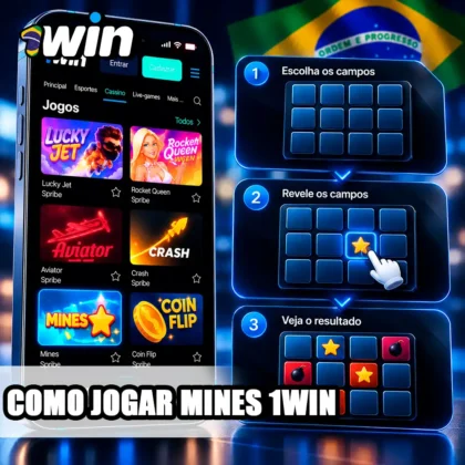 Mines no celular com esquema de três etapas da grade e análise do resultado da rodada.