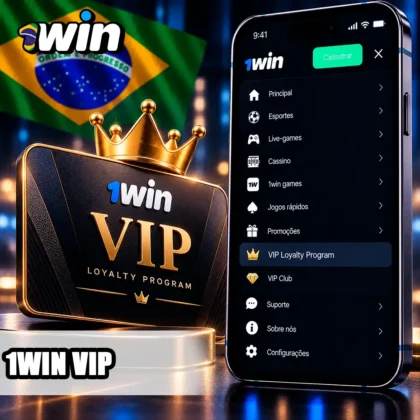 Menu da 1win com VIP Loyalty Program e cartão de fidelidade com coroa discreta.