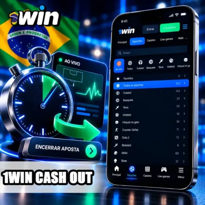 Área esportiva da 1win no celular com cronómetro e símbolo da função cash out.