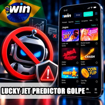 Tela do Lucky Jet com robô riscado e alerta contra sinais e previsões fraudulentas.