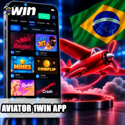 Catálogo de jogos da 1win com Aviator visível e símbolo de avião vermelho.