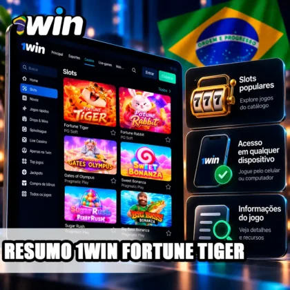 Catálogo da 1win em tablet com Fortune Tiger e resumo dos recursos da plataforma.